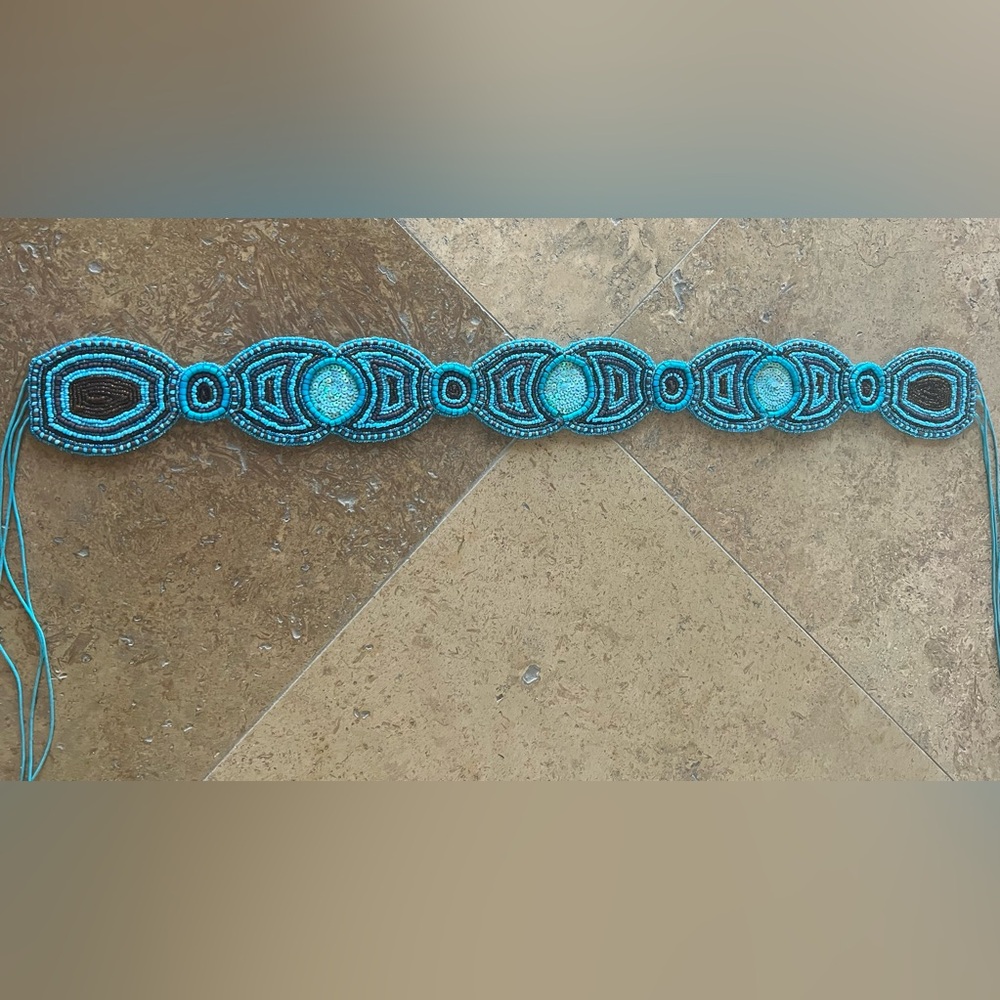 Clementina Beaded Turquoise Waist or Hip Tie Belt - New in Package Anthro-Style - Picture 5 of 8